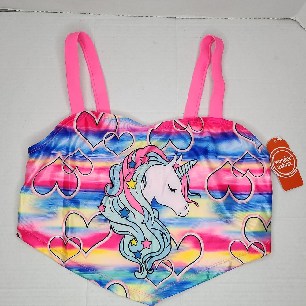New Wonder Nation Girls Unicorn Pink Handkerchief Swim Top Tank UPF 50+ XXL 18